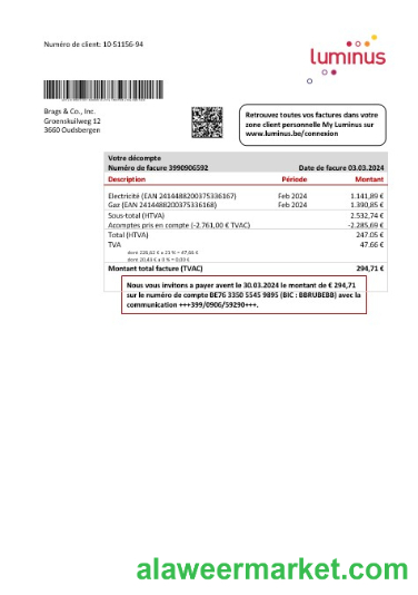 Belgium Luminus business utility bill template in Word and PDF format